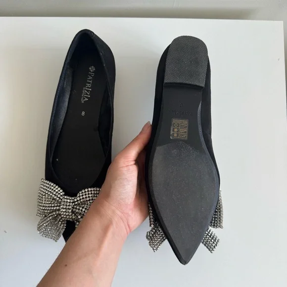 Black Pointed Toe Flats with Rhinestone Bow - Picture 2 of 3